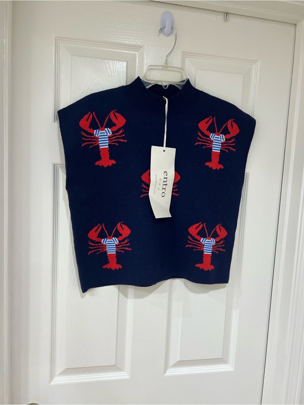 New Navy with Red Lobster Pattern Short Sleeve Sweater Top - Picture 3 of 7